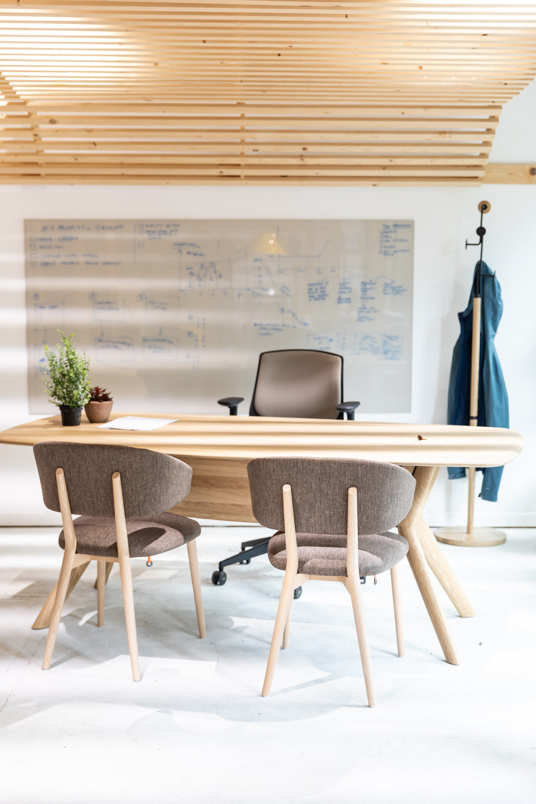 Manager office setup with wooden desk, chairs, and a whiteboard in the background.