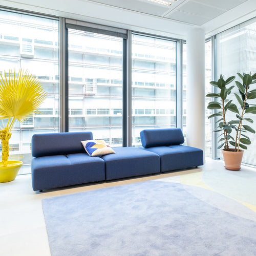 Modern office space with blue sofa, yellow plant, and large windows.