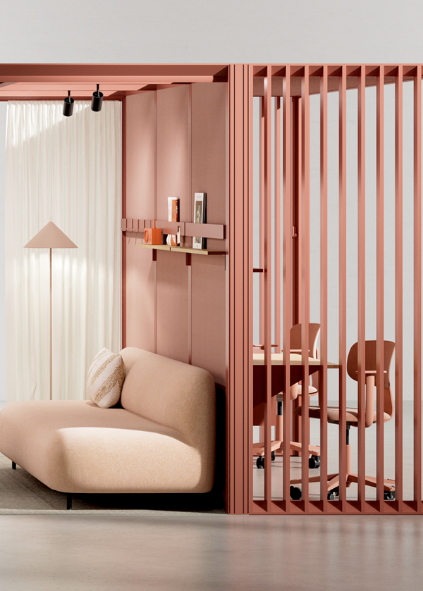 Modern interior design with a pink partition, beige sofa, and wooden coffee table.