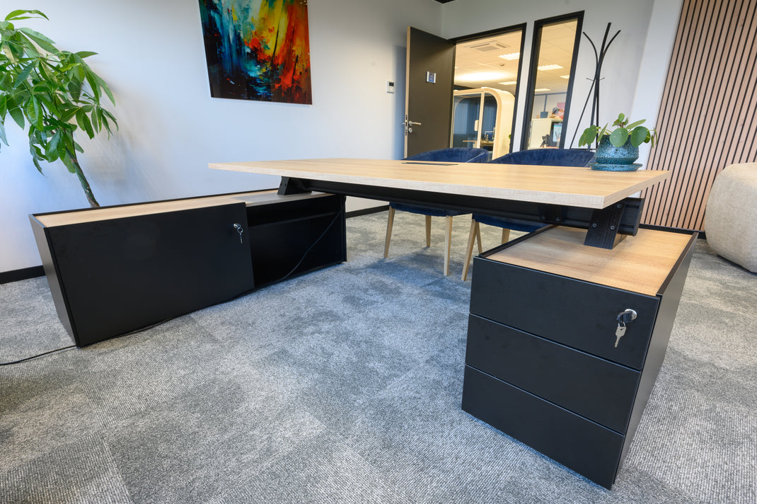 Modern office desk with black and wood finish in a bright room with plants and artwork.
