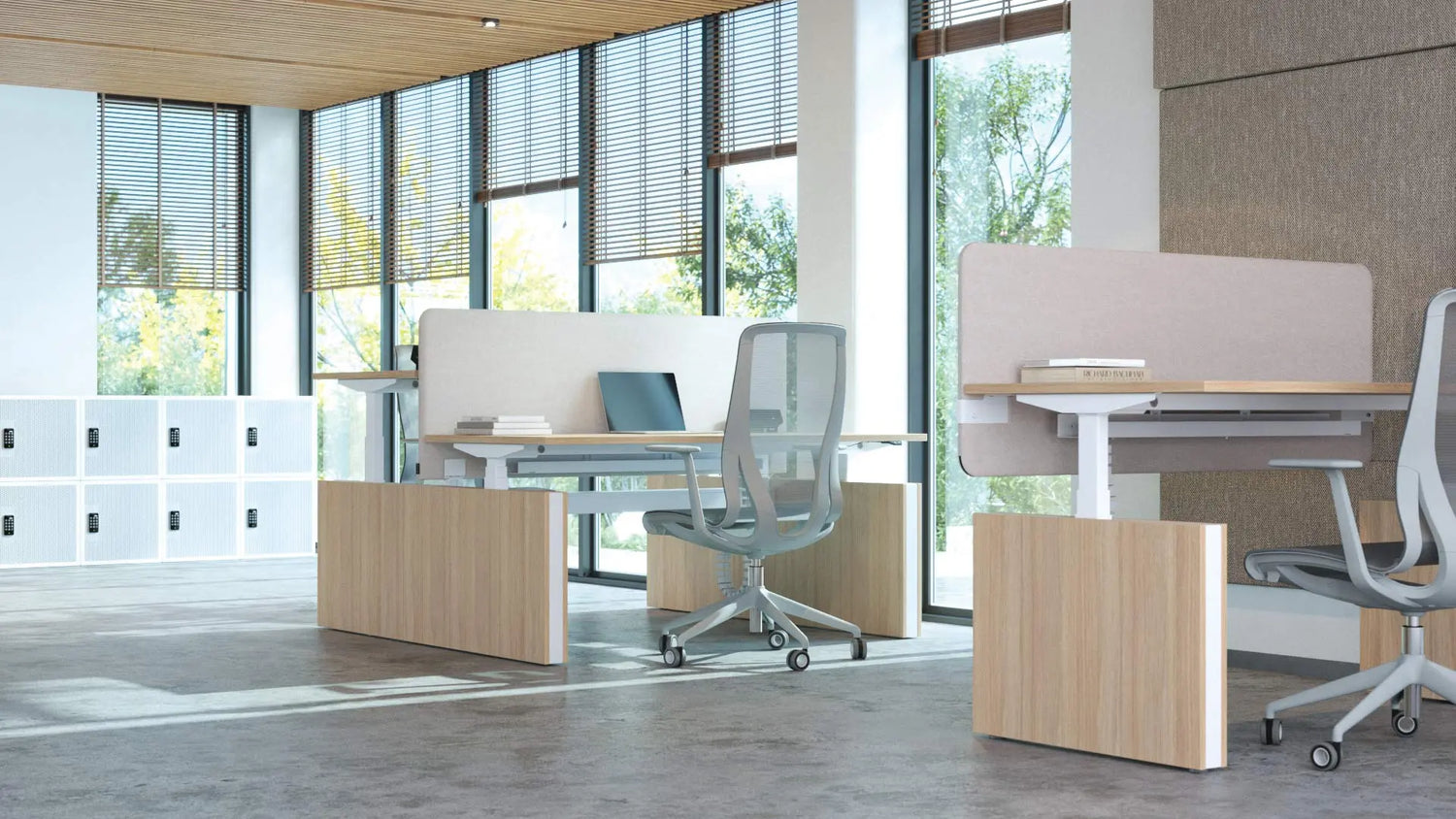 MOTION Sit Stand Desk - 2 Person Bench with Privacy Panel