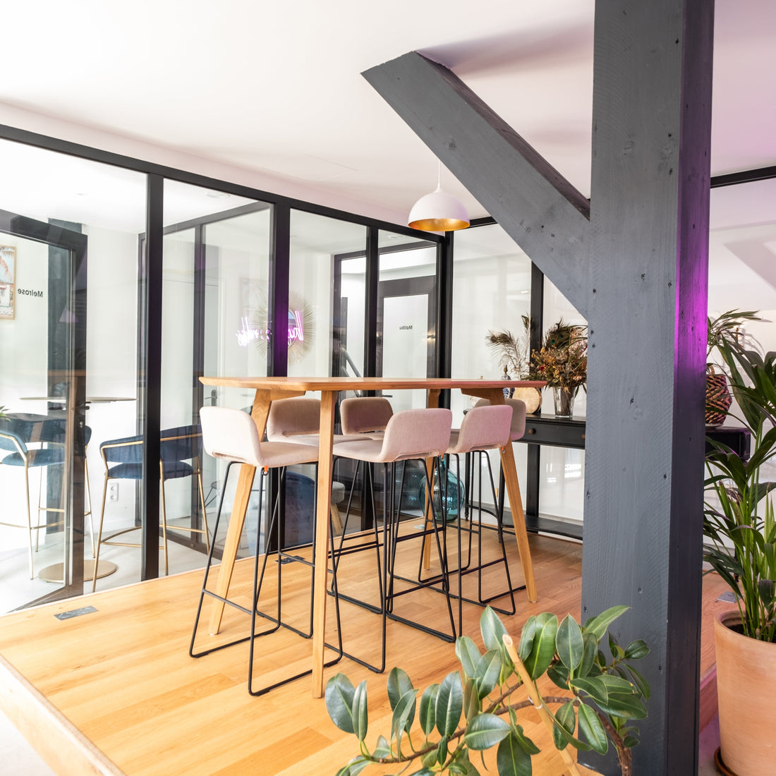 Modern interior with a dining area featuring a wooden table and chairs, large windows, and indoor plants.