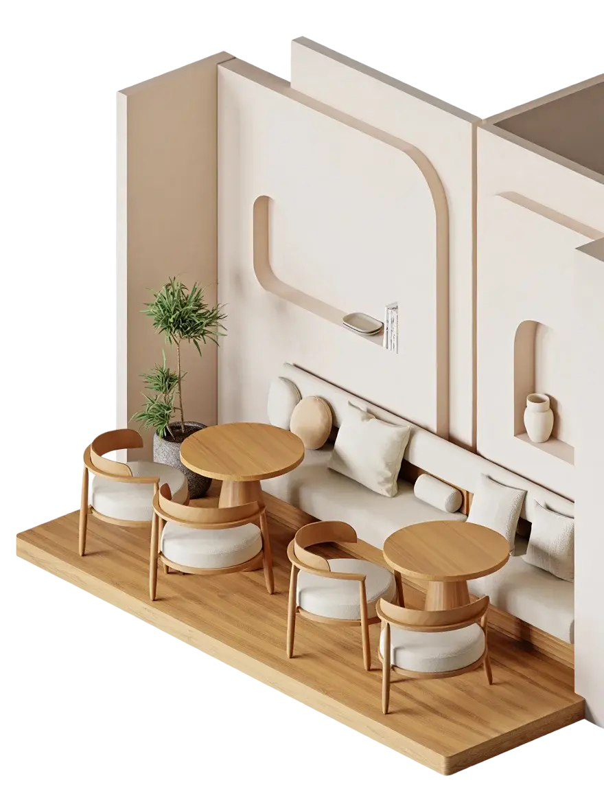Isometric render of a furnished workspace